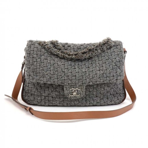 Chanel Chanel Gray Quilted Wool & Brown Leather Shoulder Flap Bag
