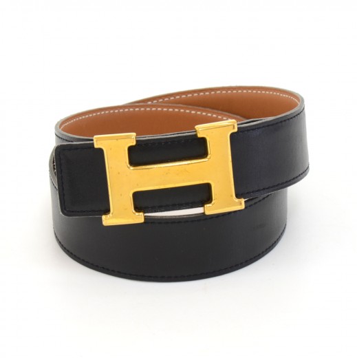 Black Leather x Gold-tone H Buckle Belt 