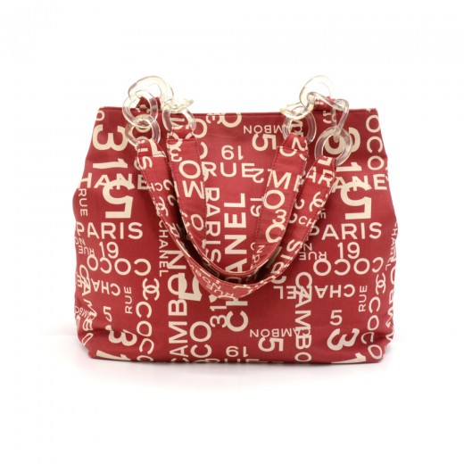 CHANEL No 5 Shopper Tote Bag Canvas CC Logo Mania Quilted Large Navy Silver  Red