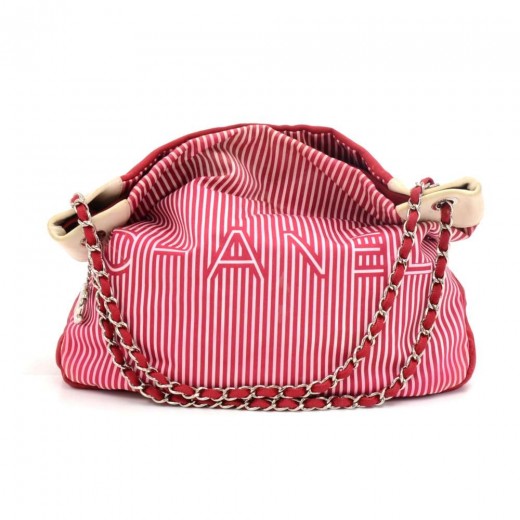 Chanel Chanel 2 Way Red Striped Cotton x White Leather Tote