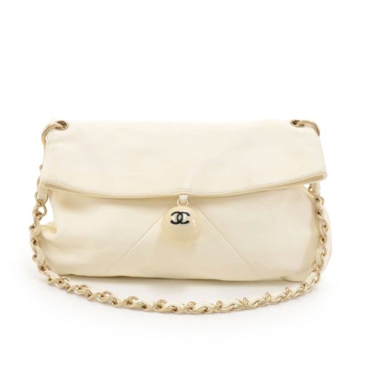 Chanel Chanel White Lambskin Leather Ball Charm Fold-over Shoulder
