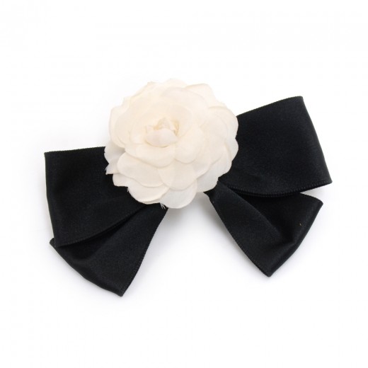 Chanel Vintage Chanel White Camellia & Black Ribbon Bow Barrette Hair ...