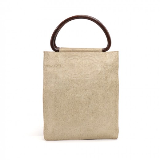 Chanel Chanel Beige Coated Canvas & Wooden Handle Tote Bag