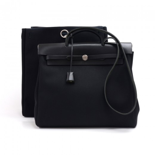 Hermes Herbag Canvas Leather Shoulder Bag Black