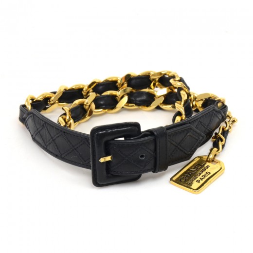 Chanel Chanel Black Quilted Leather & Gold-tone Chain Waist Belt 