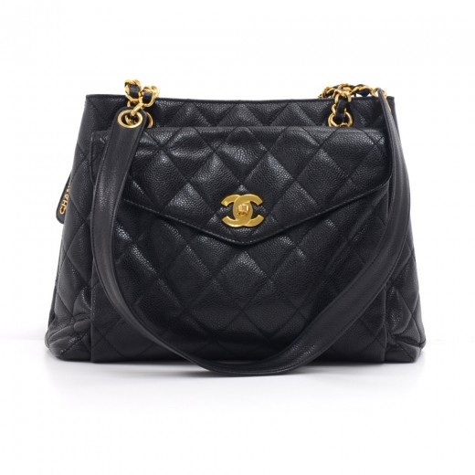 Chanel Front Flap Pocket Quilted Caviar Leather Tote Bag