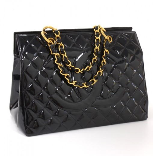 CHANEL Patent Quilted Grand Shopping Tote GST Black 1305434
