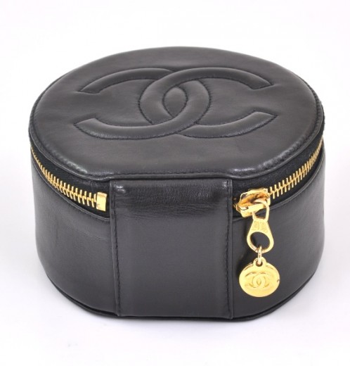 Chanel Vintage Chanel Black Leather Round Jewelry Case Gold CC