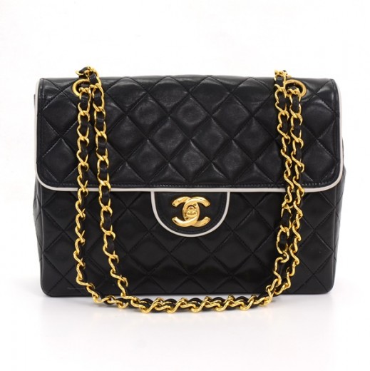 Chanel Vintage Chanel Black Quilted Leather White Piping Shoulder Bag