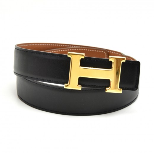Hermès Hermes Black Leather Constance Belt Golden Metal Pony-style