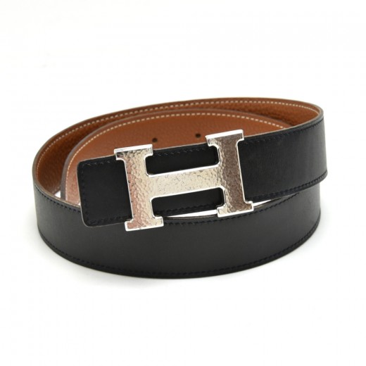 HERMES Logo Constance Reversible H Buckle Belt Leather #72 Black Brown  85JG262
