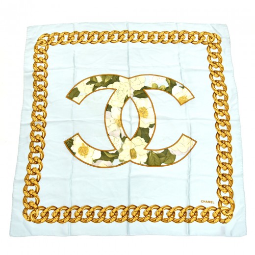 VINTAGE Chanel Logo White with Gold Chain Link Silk Scarf