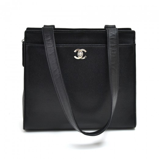 RDC12869 Authentic Chanel Brown Caviar Leather CC Turnlock Tote Bag w/Strap