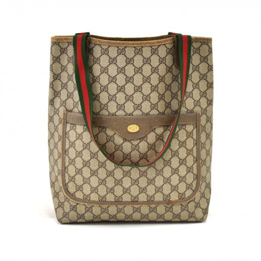 Vtg Gucci GG Monogram Large Beige Tote Bag Red Green Stripe Italy Canvas  Leather