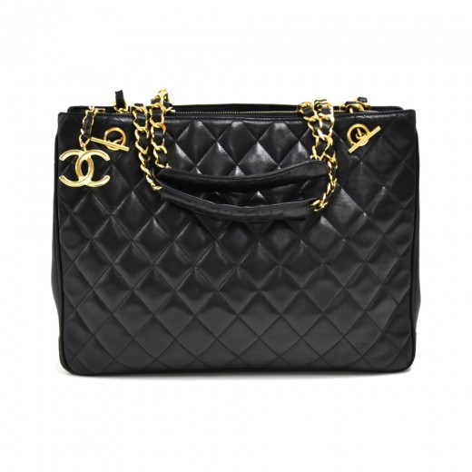 Chanel Chanel Black Quilted Lambskin Leather 3 Compartment Chain Tote