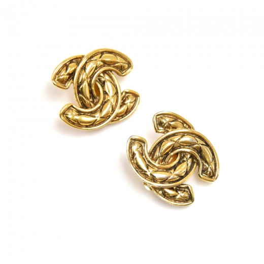 Chanel Vintage Chanel Large Quilted CC Logo Gold Tone Earrings