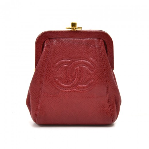 Chanel Vintage Chanel Red Caviar Leather CC Logo Kiss Lock Coin Case ...