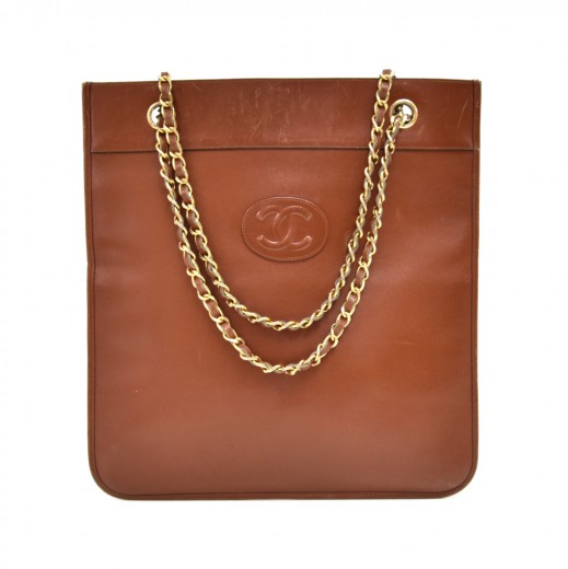 Chanel Vintage Chanel Brown Leather Flat CC Logo Tote bag