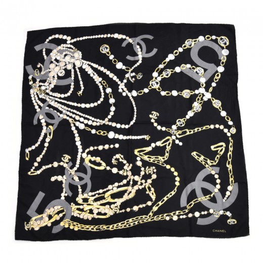 CHANEL VINTAGE SCARF Silk100% Black & Gold Jewelry MOTIF CC LOGO 37x37  N074 £138.52 - PicClick UK