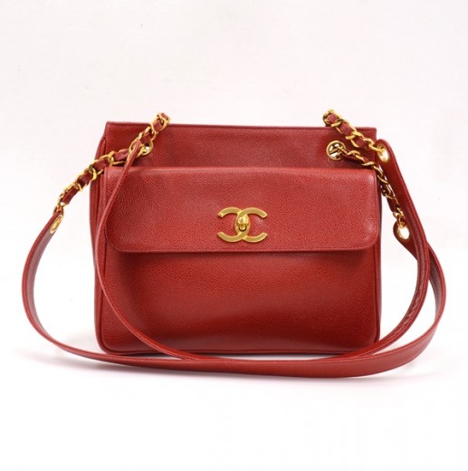 Chanel Chanel Red Caviar Leather Tote Shoulder Bag Gold Chain