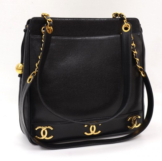 Vintage Chanel Black Caviar Leather Tote Shoulder Bag Gold