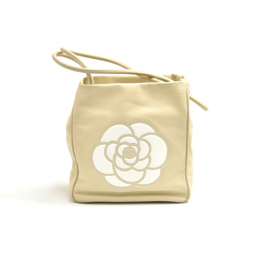 Chanel Chanel White Camellia & Beige Lambskin Leather Tote Bag