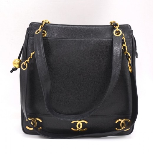 Chanel Chanel Black Caviar Leather Tote Shoulder Bag Gold Chain CC