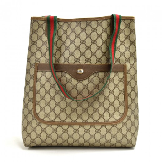 Pre Loved Gucci GG Canvas Web Sherry Line Tote Bag Beige Red Green Beige Women