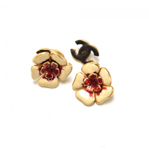 Chanel Chanel Red x Gold Tone Flower Motif Stud Earrings