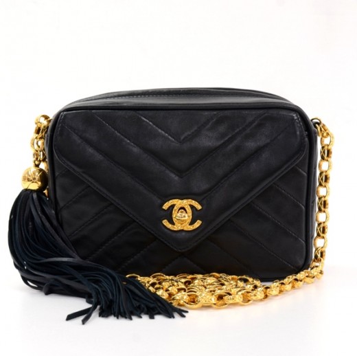 Chanel Vintage Chanel Black Leather Quilted Shoulder Bag Fringe