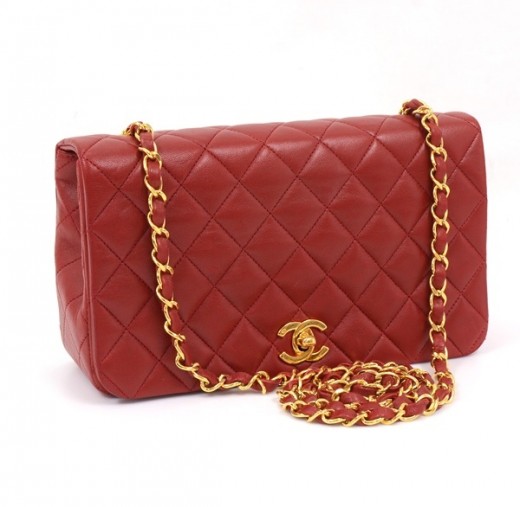 Chanel Vintage Chanel Red Quilted Leather Shoulder Bag Gold Chain CC