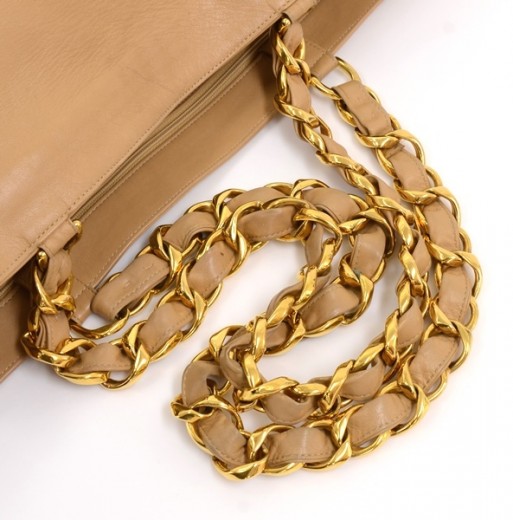 Chanel Vintage Chanel Beige Leather Shoulder Tote Bag Gold Chain CC