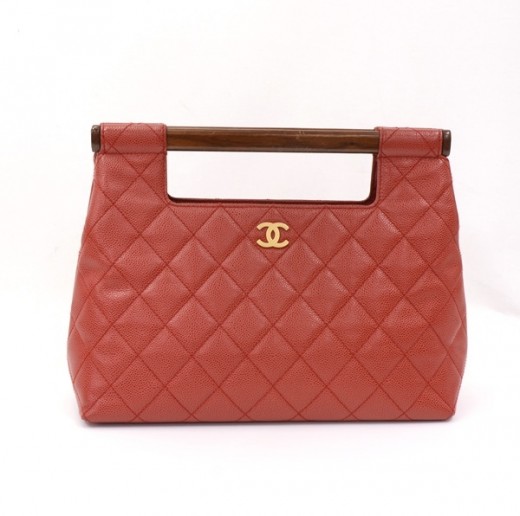 Chanel Chanel Red Caviar Leather x Wooden Handle Bag CC Gold
