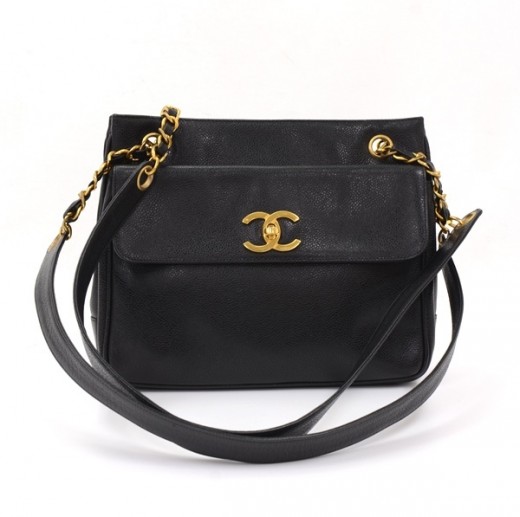 Chanel Chanel Black Caviar Leather Shoulder Tote Bag Gold Chain CC