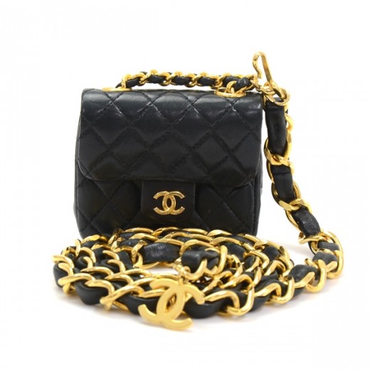 Modsatte Martin Luther King Junior nikkel Chanel Vintage Chanel black Leather Belt + Mini Bag Charm CC Gold ...
