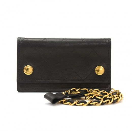 Chanel Vintage Chanel Black Quilted Leather Wallet On Gold Chain CC