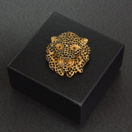 Chanel Chanel Brooch Pin Gold Tone Lion Motif Black Line Stone CC