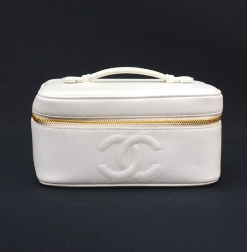 Chanel Chanel White Caviar Leather Vanity Cosmetic Bag CC Gold
