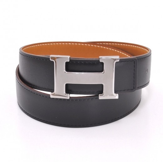 Hermes Hermes Black Leather x Silver Tone H Buckle Belt