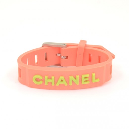 Chanel Chanel Pink Bracelet With Green Writing Rubber Bracelet CC