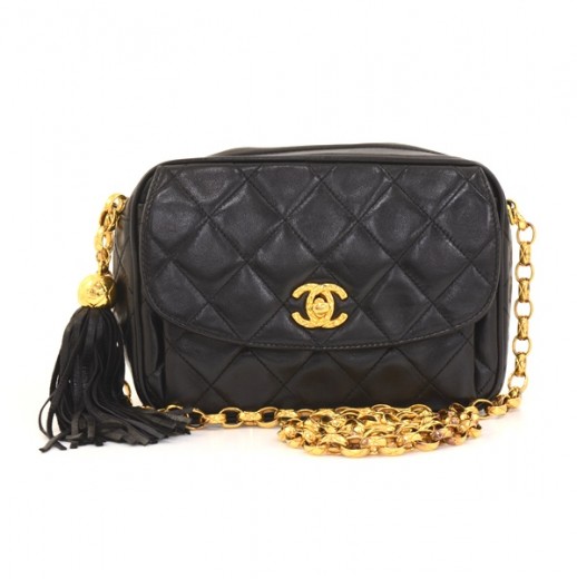 Chanel Vintage Chanel Black Quilted Leather Fringe Shoulder Bag