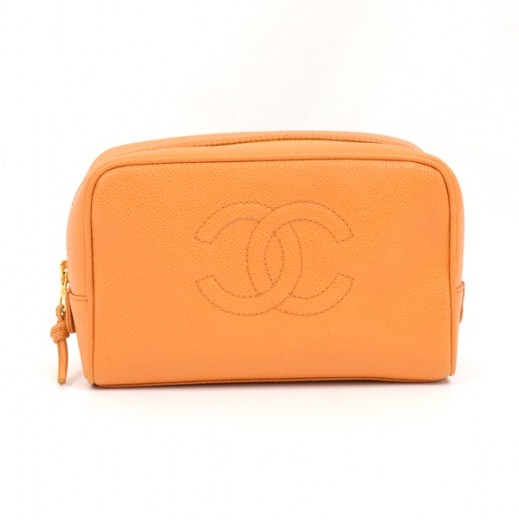 Chanel Orange Calfskin CC Button Line Cosmetic Pouch Toiletry Case