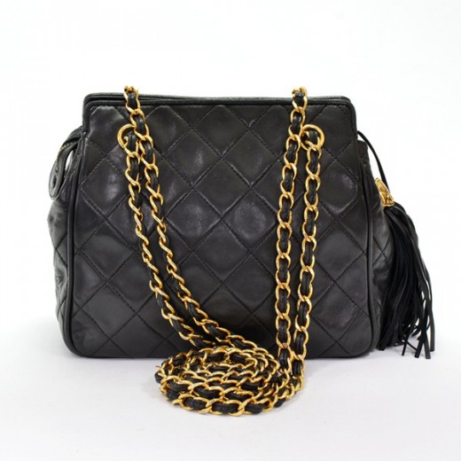 CHANEL CC Fringe tassel Single Chain bag Shoulder Bag Lambskin Black