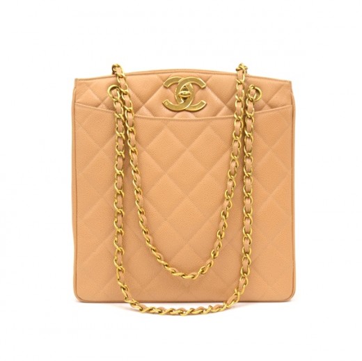 Chanel Vintage Chanel Beige Quilted Caviar Leather Tote Shoulder