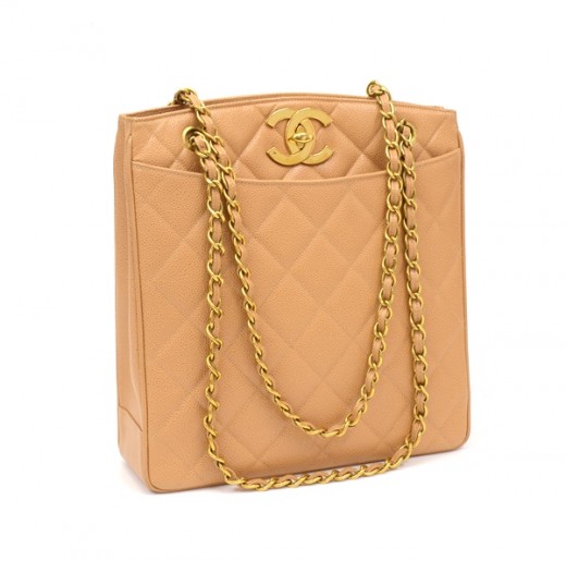 Chanel Vintage Chanel Beige Quilted Caviar Leather Tote Shoulder