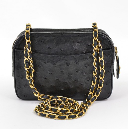 Chanel Chanel Black Ostrich Leather Shoulder bag purse gold chain