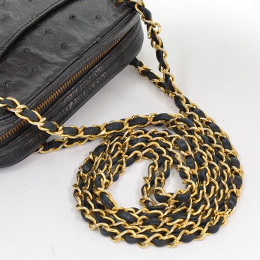 RARE NEW 100% Auth CHANEL Black Ostrich Leather Gold Chain 9.5