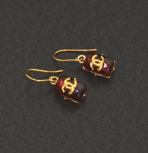 Chanel Chanel Red Stone x Gold Tone Pierced Earrings
