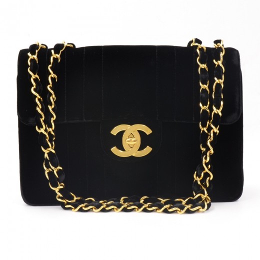 Chanel Chanel Black Velvet Jumbo Vertical Leather Shoulder Bag