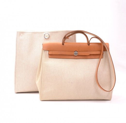 Hermes Hermes Herbag MM 2 in 1 Beige Canvas x Leather Shoulder Hand